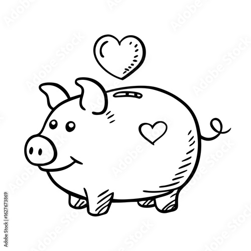 Minimalist vector icon of a piggy bank with a heart above it, symbolizing saving with love, financial care, and charity, isolated on a transparent background