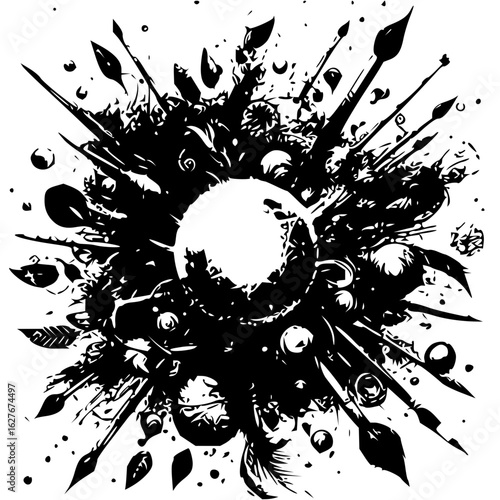 Abstract black and white explosion of paintbrushes leaves and spheres surrounding a central globe shape