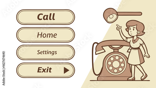 Cartoon illustration of a woman pointing at a lamp next to an old rotary phone with menu buttons nearby