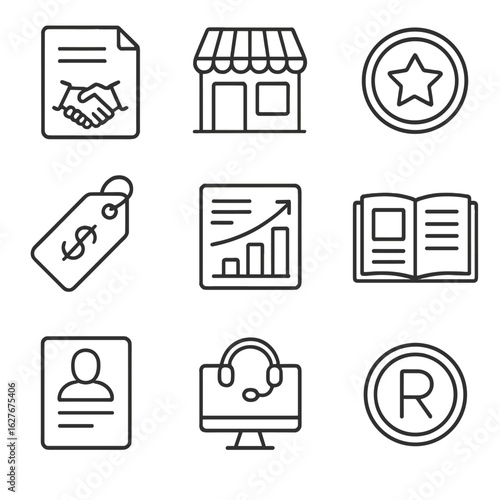 Franchise Business Icons. Line style icons of Franchise Business Basics: Franchise agreement file, franchise store icon, brand