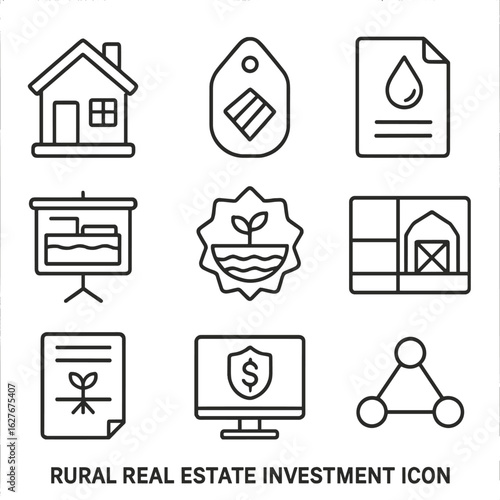 Rural Real Estate Icons. Line style icons of Rural Real Estate Investment: Countryside house icon, farmland tag, water access file