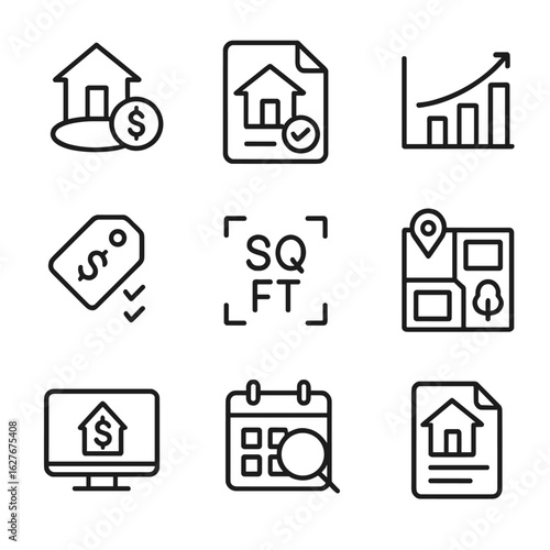 Real Estate Icons. Line style icons of Real Estate Appraisal: Property valuation icon, appraiser report file, comparables chart,