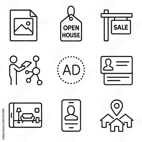 Real Estate Icons. Line style icons of Real Estate Marketing: Property photo file, open house tag, listing sign icon, flyer