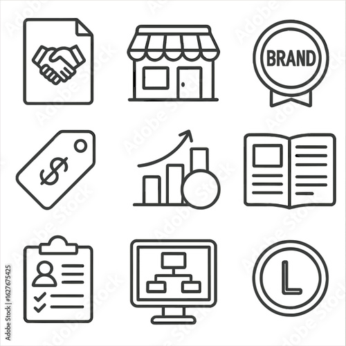Franchise Business Icons. Line style icons of Franchise Business Basics: Franchise agreement file, franchise store icon, brand