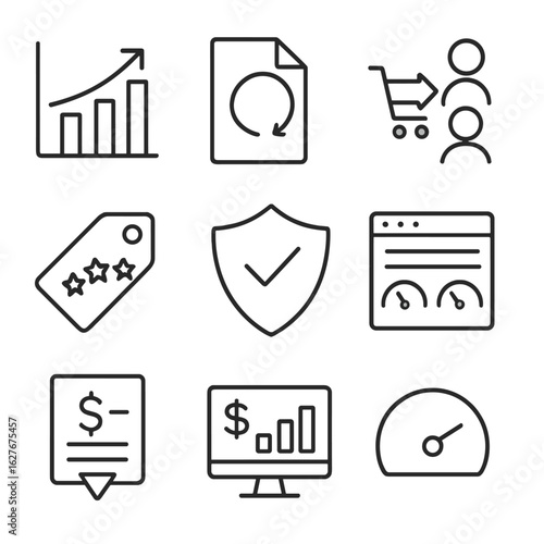 Franchise Metrics Icons. Line style icons of Franchise Performance Metrics: Sales growth chart, ROI file, conversion rate icon,