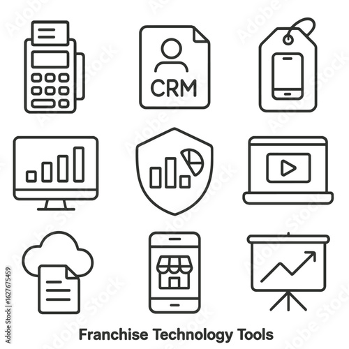 Franchise Tech Icons. Line style icons of Franchise Technology Tools: POS terminal icon, CRM system file, mobile ordering tag,