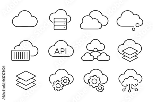 Cloud Service Icons. Line style icons of cloud service models: SaaS label, PaaS server icon, IaaS box icon, hybrid cloud, public
