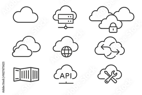 Cloud Service Icons. Line style icons of cloud service models: SaaS label, PaaS server icon, IaaS box icon, hybrid cloud, public