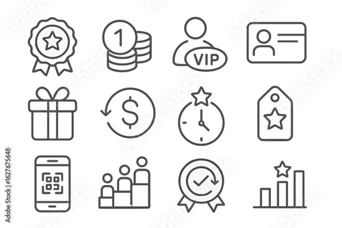 Loyalty Icons Collection. Line style icons of loyalty and rewards: reward badge, point balance, VIP icon, loyalty card, redeem