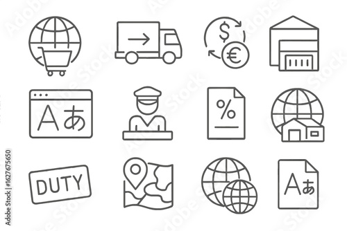 Cross-Border E-Commerce Icons. Line style icons of cross-border e-commerce: globe with cart, international delivery, currency