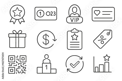 Loyalty Icons Collection. Line style icons of loyalty and rewards: reward badge, point balance, VIP icon, loyalty card, redeem