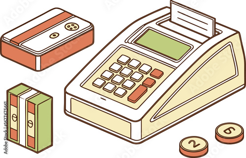 Illustration of a point of sale system with a card reader cash stack and two coins on a white background