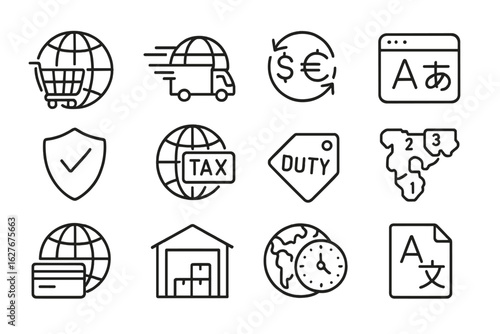 Cross-Border E-Commerce Icons. Line style icons of cross-border e-commerce: globe with cart, international delivery, currency