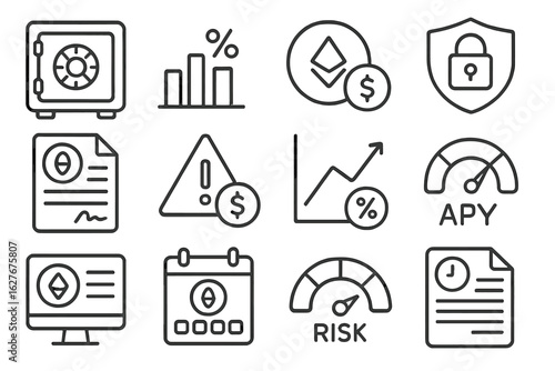 Crypto Lending Icons. Line style icons of crypto lending and borrowing: lending vault, interest rate bar, borrow token icon,