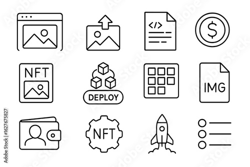 NFT Tool Icons. Line style icons of NFT creation tools: minting page, image upload icon, smart contract editor, royalty setting,