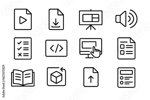 Course Content Icons. Line style icons of course content types: video file, PDF download, slide presentation, audio clip, quiz