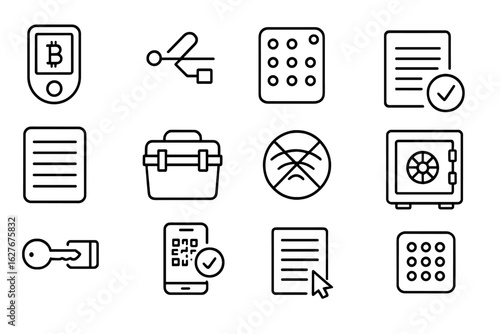 Crypto Storage Icons. Line style icons of crypto air-gapped storage: hardware wallet icon, USB disconnect symbol, metal backup