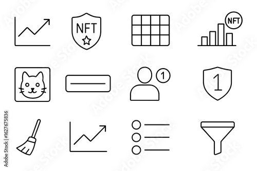 NFT Analytics Icons. Line style icons of NFT collection analytics: floor price chart, rarity score icon, listed supply, recent