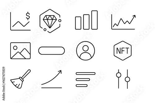 NFT Analytics Icons. Line style icons of NFT collection analytics: floor price chart, rarity score icon, listed supply, recent