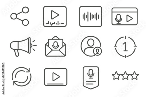 Podcast Promotion Icons. Line style icons of podcast promotion: social share icon, episode snippet, teaser audio, promo banner,