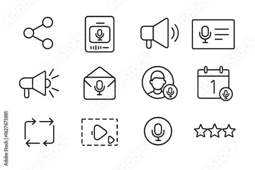 Podcast Promotion Icons. Line style icons of podcast promotion: social share icon, episode snippet, teaser audio, promo banner,