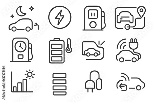 EV Charging Icons. Line style icons of EV charging behavior: overnight charging, fast charge icon, charge pause button, scheduled