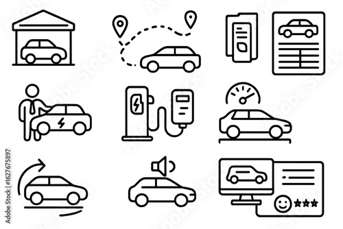 EV Test Drive Icons. Line style icons of EV test drive and sales: EV showroom, test drive route, digital brochure, spec sheet icon