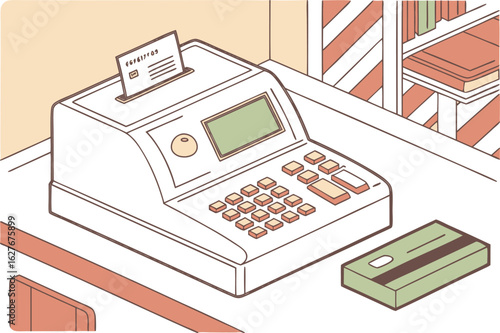 Illustration of a cash register with a receipt and a card on a counter with a bookshelf behind it