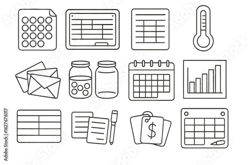 Finance Tracking Icons. Line style icons of visual financial tracking tools: sticker savings chart, dry erase budget board,