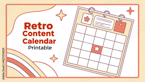 Retro styled content calendar with a star marked date and decorative stars with a rainbow backdrop design