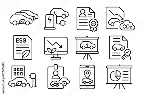 Corporate EV Icons. Line style icons of corporate EV initiatives: green company fleet, EV workplace charging icon, employee