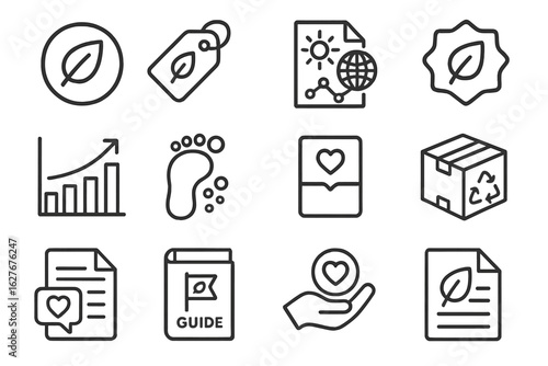 Sustainable Marketing Icons. Line style icons of sustainable marketing practices: eco-label icon, green product tag, ethical