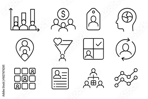 Customer Segmentation Icons. Line style icons of customer segmentation strategy: age group chart, income bracket icon, purchase