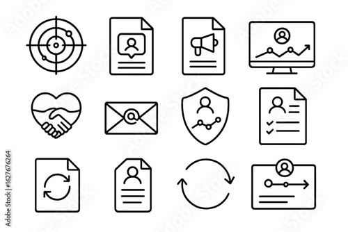 Influencer Outreach Icons. Line style icons of influencer outreach strategy: influencer discovery radar, outreach message file,