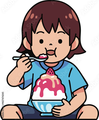 かき氷を食べる子ども_夏のひんやりスイーツアニメイラスト