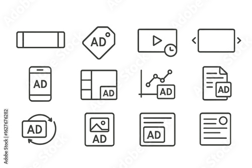 Ad Format Icons. Line style icons of ad campaign formats: banner ad icon, native ad tag, pre-roll video badge, carousel ad file,