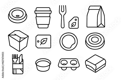 Eco-Friendly Takeout Icons. Line style icons of takeaway packaging: paper cup lid icon, cardboard sleeve, plastic-free fork, paper