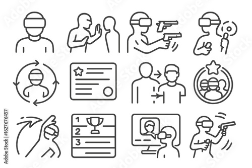 VR Gaming Line Icons. Line style icons of VR gaming features: immersive avatar icon, hand tracking combat, VR weapon switch,