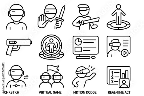 VR Gaming Line Icons. Line style icons of VR gaming features: immersive avatar icon, hand tracking combat, VR weapon switch,