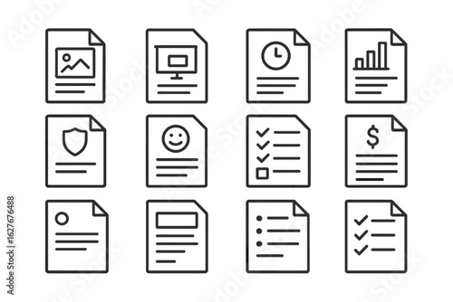Work Document Icons. Line style icons of work documents: project brief, presentation slide, meeting agenda, internal report,