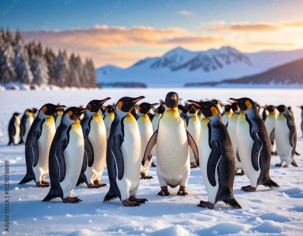 Obraz premium Penguin orchestra performing on a frozen lake. Whimsical, playful, and imaginative, perfect for illustration, fantasy, children’s projects, and creative storytelling.