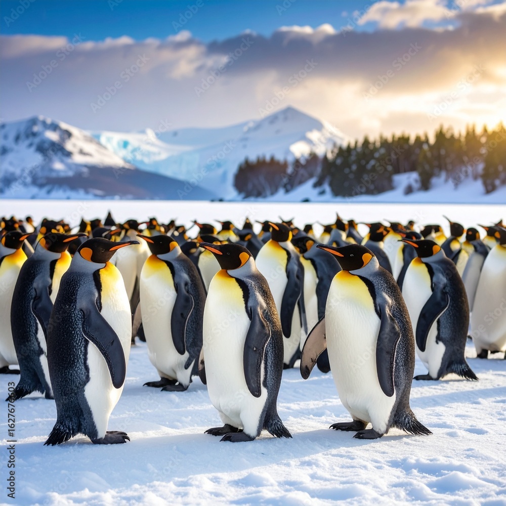 Obraz premium Penguin orchestra performing on a frozen lake. Whimsical, playful, and imaginative, perfect for illustration, fantasy, children’s projects, and creative storytelling.