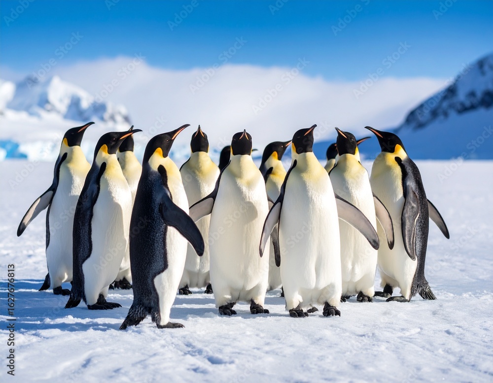 Obraz premium Penguin orchestra performing on a frozen lake. Whimsical, playful, and imaginative, perfect for illustration, fantasy, children’s projects, and creative storytelling.