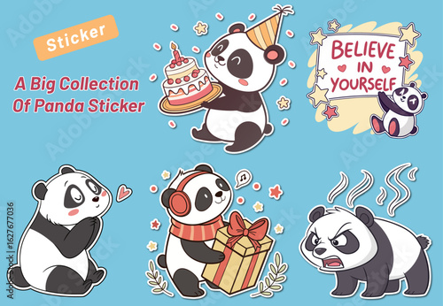 Cute Panda Bear Sticker Collection with Different Emotions and Activities Cartoon Style on Blue Background Vector Illustration