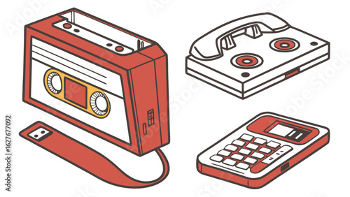 Illustration of a cassette player with tape, telephone answering machine, and calculator device
