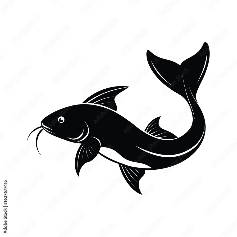 Fototapeta premium Silhouette of a catfish on white background Vector illustration