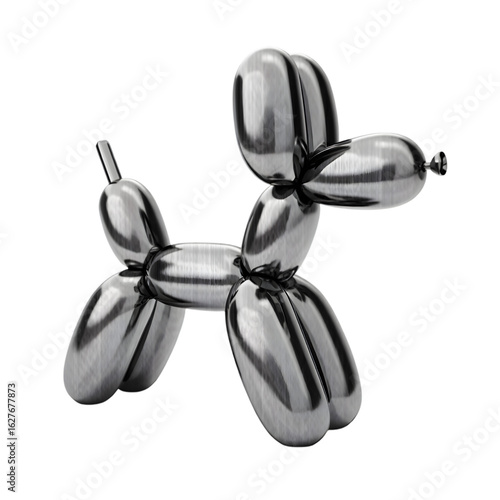 Metallic Gray Balloon Animal Dog Shaped Figure Brushed Texture Shiny Surface Three Dimensional Render Isolated on a transparent background