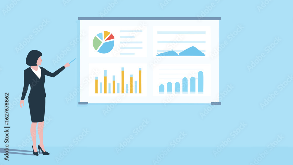 Fototapeta premium Businesswoman presenting financial data charts and graphs on a whiteboard with a pointer stick tool