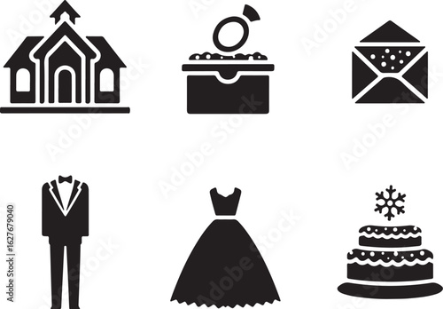 Essential wedding icons for invitations, attire, and celebration planning