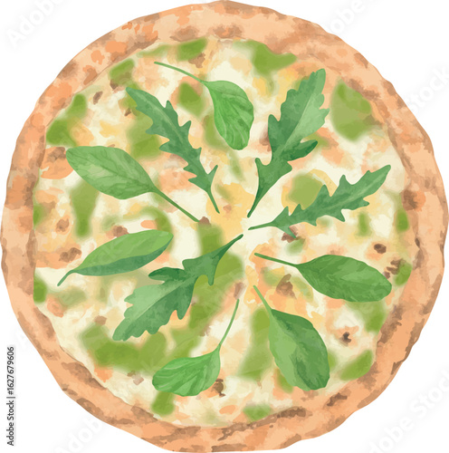 Vector illustration of Bella Verde Pizza with spinach, broccoli, zucchini, pesto sauce, and mozzarella. Top view